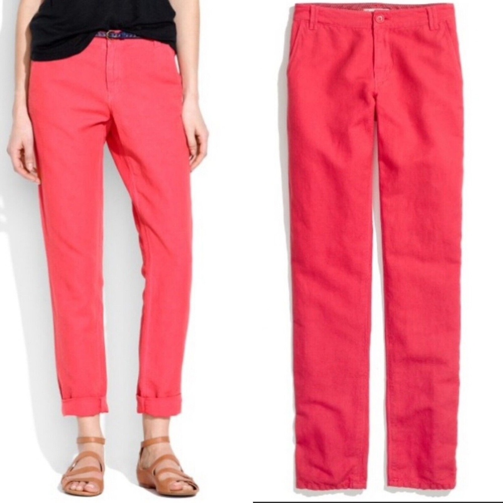Madewell Womens Rivington Trouser Pants Slim Linen Blend Pink Pockets Size 4